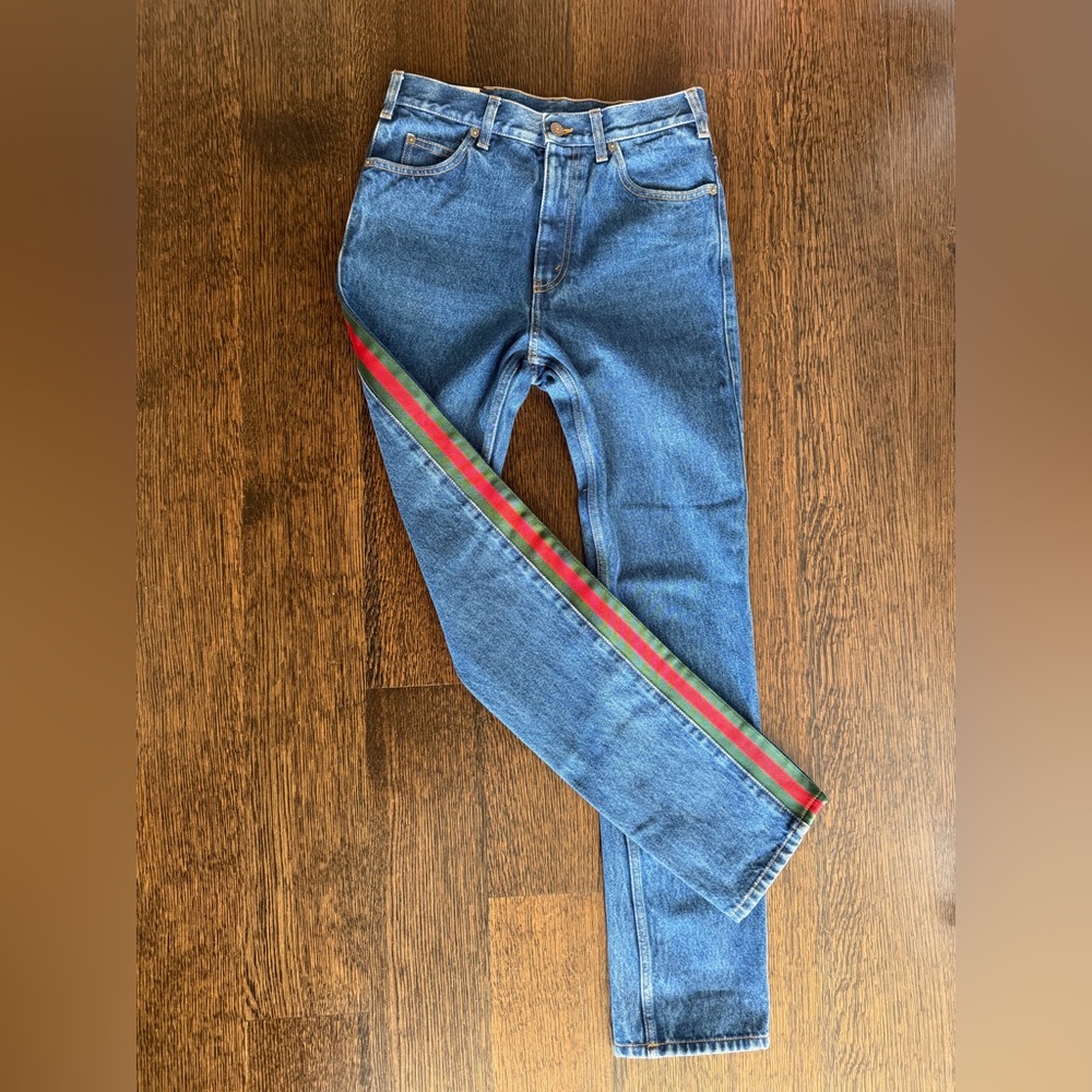 Gucci Slim Blue Jeans with Red and Green Accent